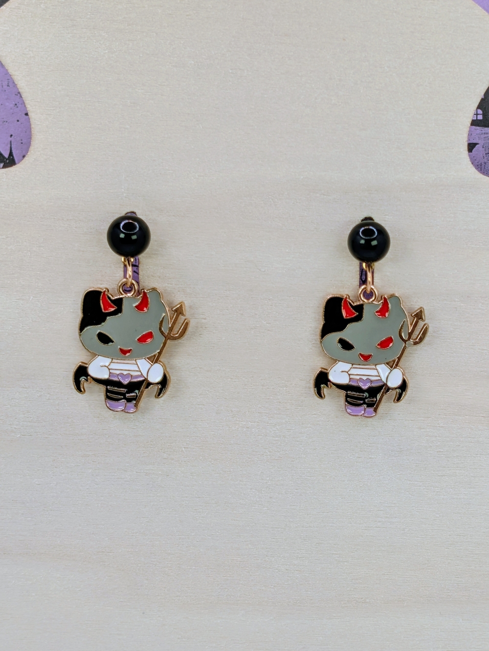 Gold Tone Metal Black and Red Devil Cat Enamel Drop Earrings